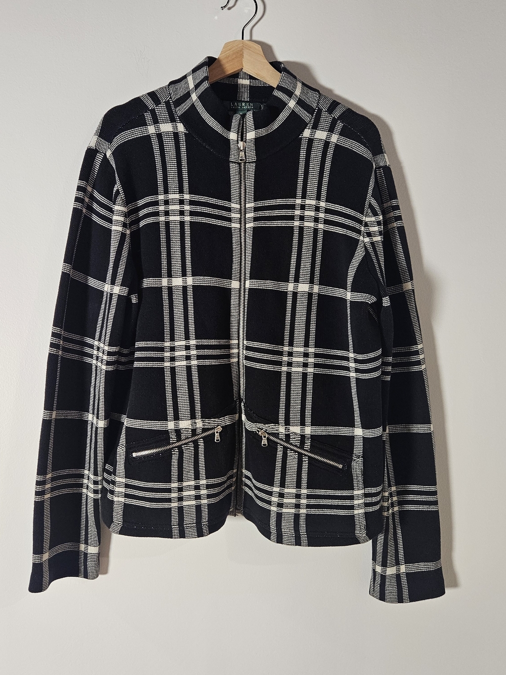 Lauren Ralph Lauren Black White Plaid Knit Zip Up Sweater Jacket Sz XL